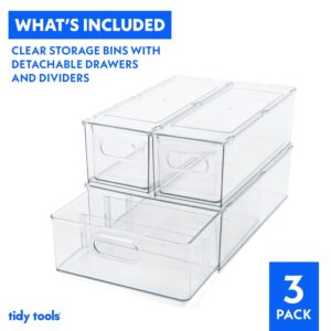 Tidy Tools Clear Refrigerator Organizer Bins For Pantry Organization and Food Storage, Stackable Plastic Storage Bins With Pull-Out Drawer – Kitchen and Pantry Storage Containers, 3 Pack