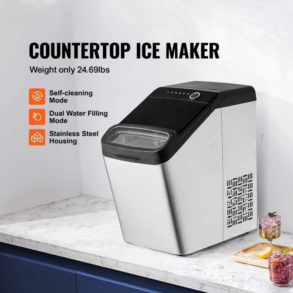 WACTO Self-Cleaning Ice Maker - 9 Cubes in 7 Mins, 33lbs in 24Hrs, Ice Scoop and Basket, 2 Ways Water Refill, 2 Size Bullet Ice - Ideal for Kitchen Bar - Portable Countertop Ice Maker