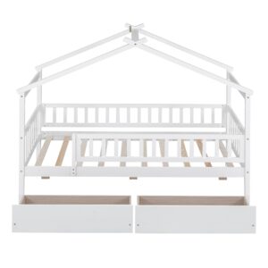 BestLM Twin Size Wooden House Bed with Two Storage Drawers for Kids, Wood Platform Bed Frame with Fence, Roof, and Safety Guardrail for Kids, Teens, Girls, Boys, White