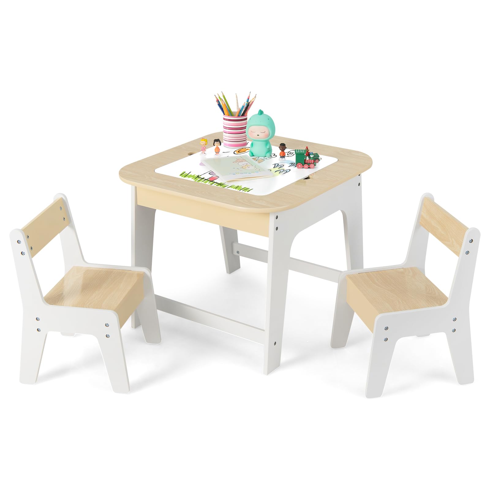 HONEY JOY Kids Table and Chair Set, 3-in-1 Children Wooden Activity Table and 2 Chairs for Art Craft, Reversible Blackboard, 3 PCS Toddler Furniture with Storage, Gift for Boys Girls (Natural)