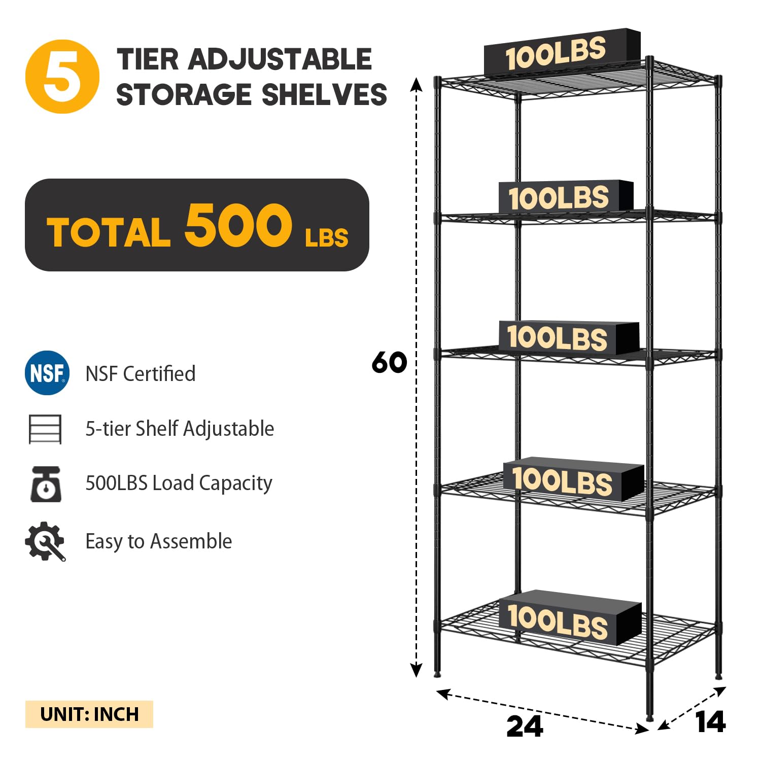 PayLessHere Shelves Shelf Wire Shelving Heavy Duty Storage 5 Tier Shelves with Adjustable Height Sturdy Steel Construction Certified by NSF Maximum 1250lbs Capacity Easy Assembly (Black, 24×14×60)