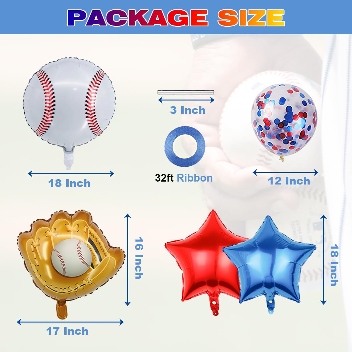 Baseball Party Balloons, Baseball Foil Mylar Balloons for Baby Shower Party Decor Baseball Glove Jumbo Balloons Baseball Bat Balloons for Birthday Sports Theme Supplies,Confetti Red and Blue Balloon