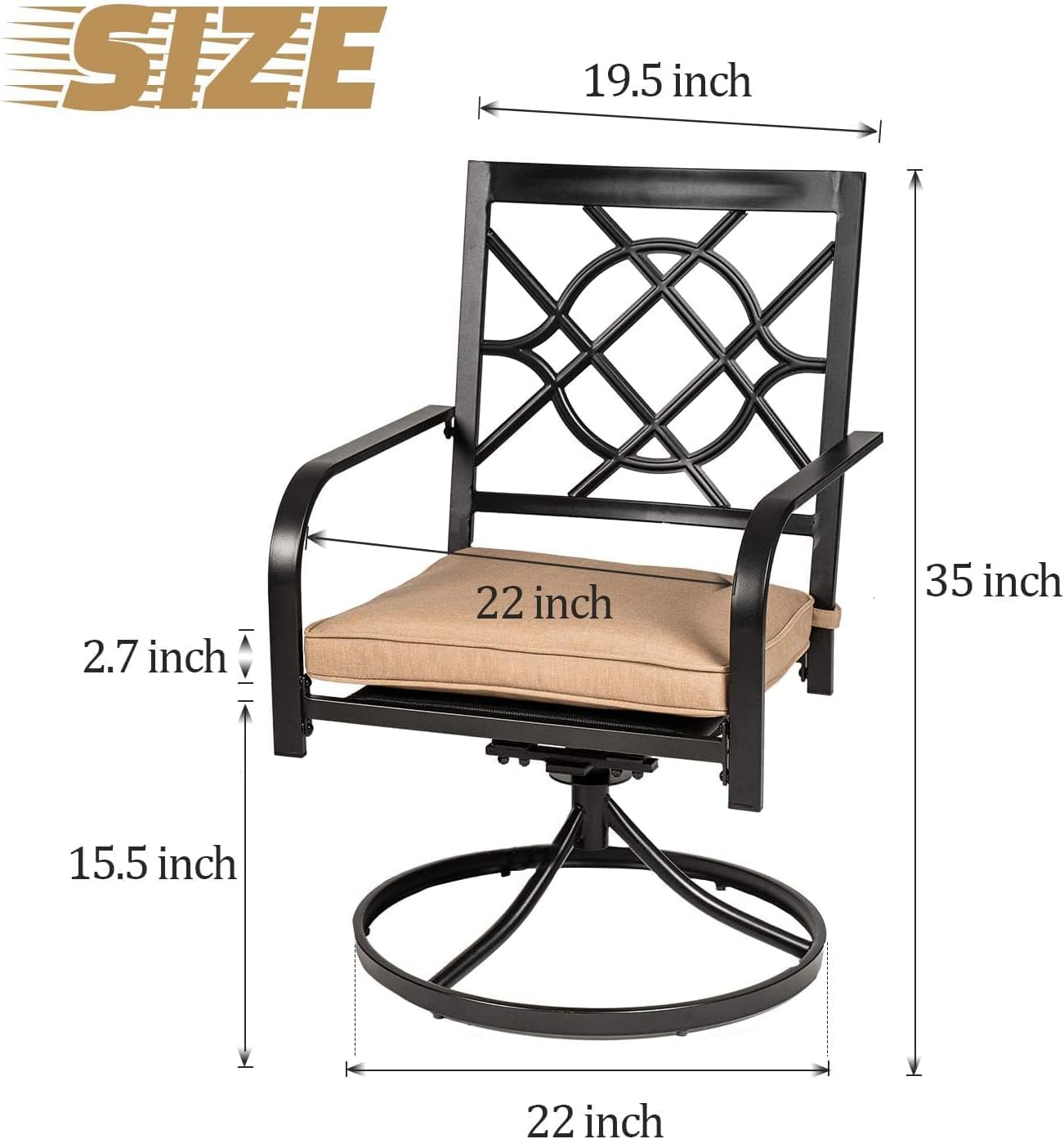 SUNCROWN Outdoor Dining Swivel Chairs Set of 4, Metal Frame Patio Chair Rocker with Brown Cushion for Garden, Bistro, Backyard