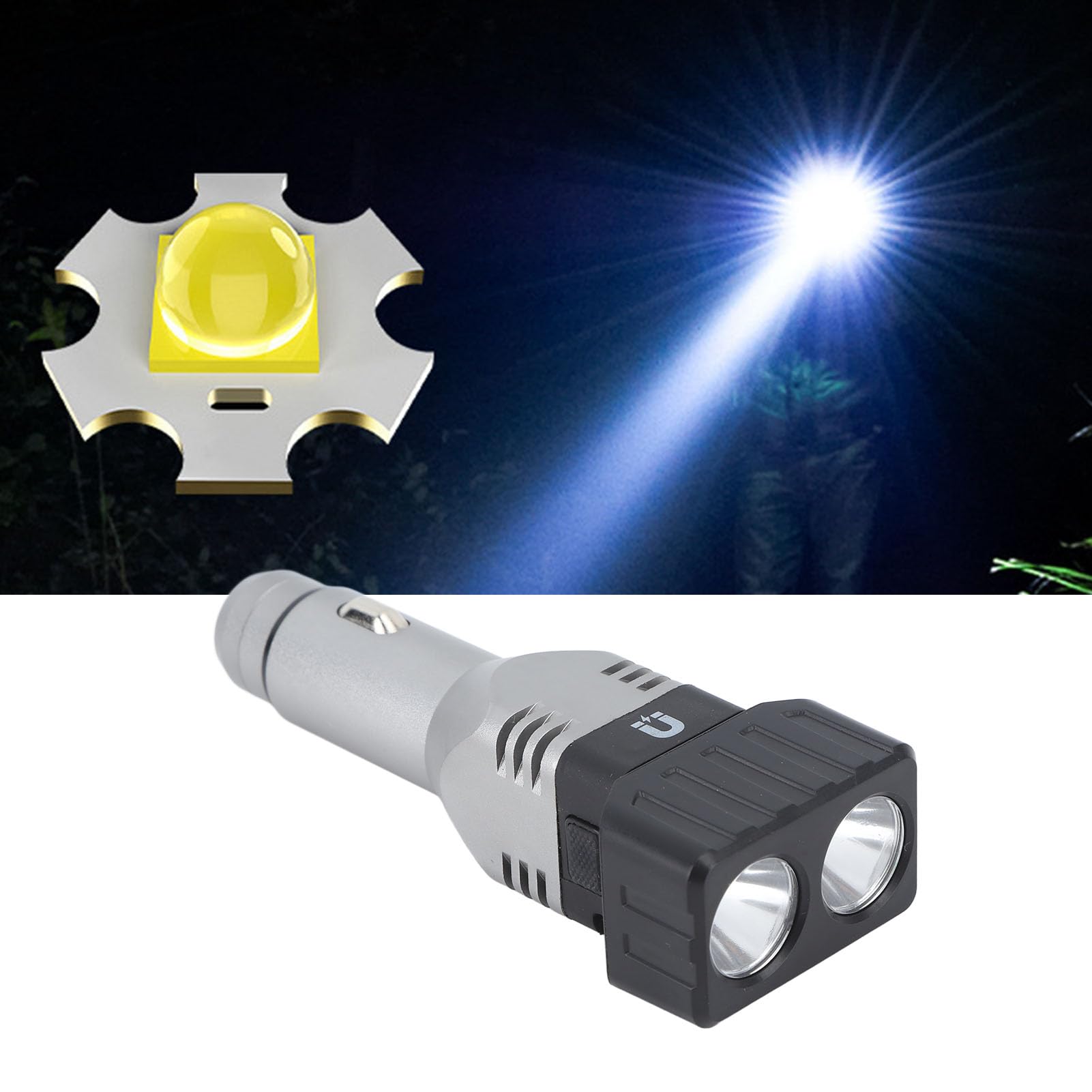 Car Plug in Flashlight Rechargeable Dual Light Source Super Bright Mini Handheld Automobile Charged Emergency Torch (Dual Lights)