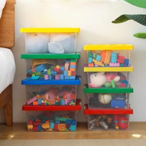 loobuu Plastic Storage Bins with Lids - Stackable Toy Storage Organizer Box Set of 2, Kids Toy Chests with Compatible Building Baseplate and Lid, Storage Container for Building Bricks - Red+Blue