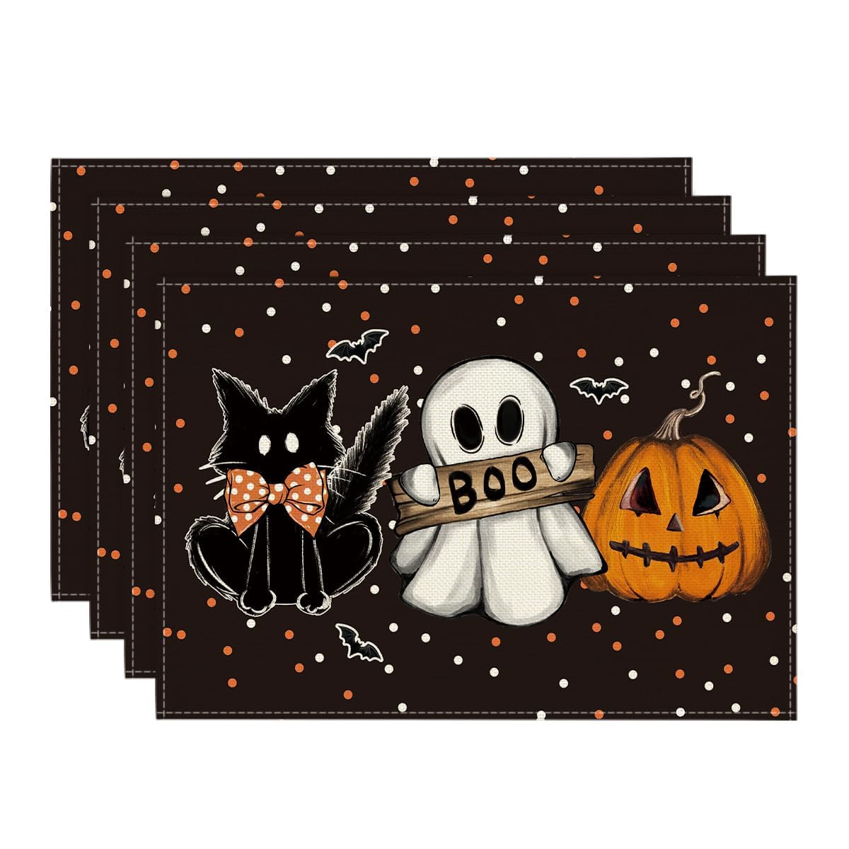 Artoid Mode Polka Dot Ghost Pumpkin Cat Boo Halloween Placemats Set of 4, 12x18 Inch Seasonal Fall Table Mats for Party Kitchen Dining Decoration