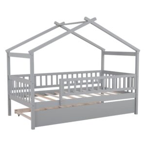 BestLM Twin Size Wooden House Bed with Twin Size Trundle for Kids, Wood Platform Bed Frame with Fence, Roof, and Safety Guardrail for Kids, Teens, Girls, Boys, Gray