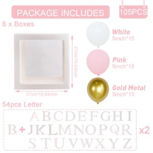 Baby Boxes with Letters for Baby Shower, 6pcs Transparent Boxes with 2 Set of A-Z+B Letter and 45pcs Balloons for Girl Baby Shower Decoration, Birthday Party Block, Bridal Shower Decor Backdrop