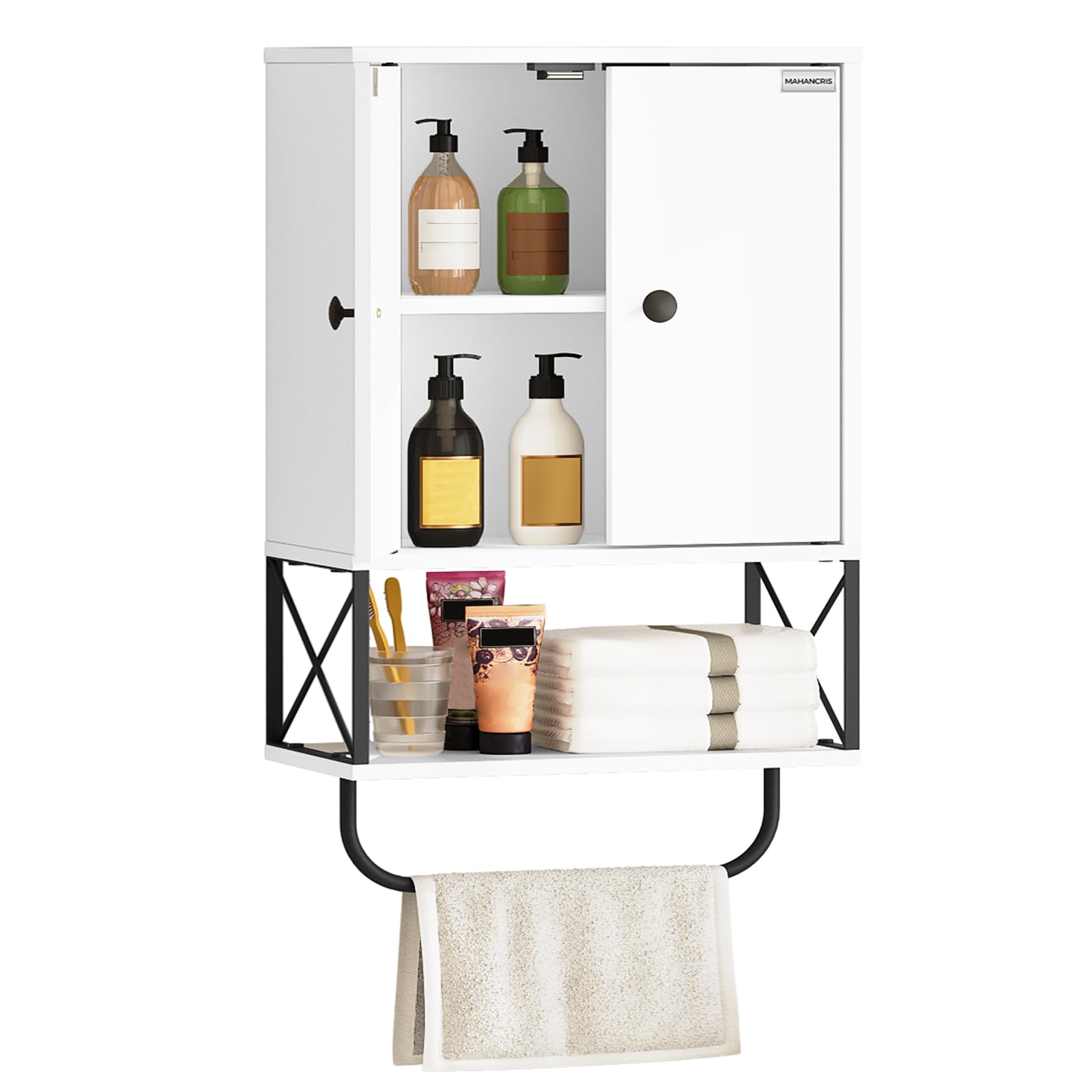 MAHANCRIS Bathroom Wall Cabinet with 2 Door and Adjustable Shelves, Farmhouse Medicine Cabinet with Towel Rack, 3-Tier Wall Mounted Storage Cabinet Over The Toilet for Bathroom Laundry Room, White