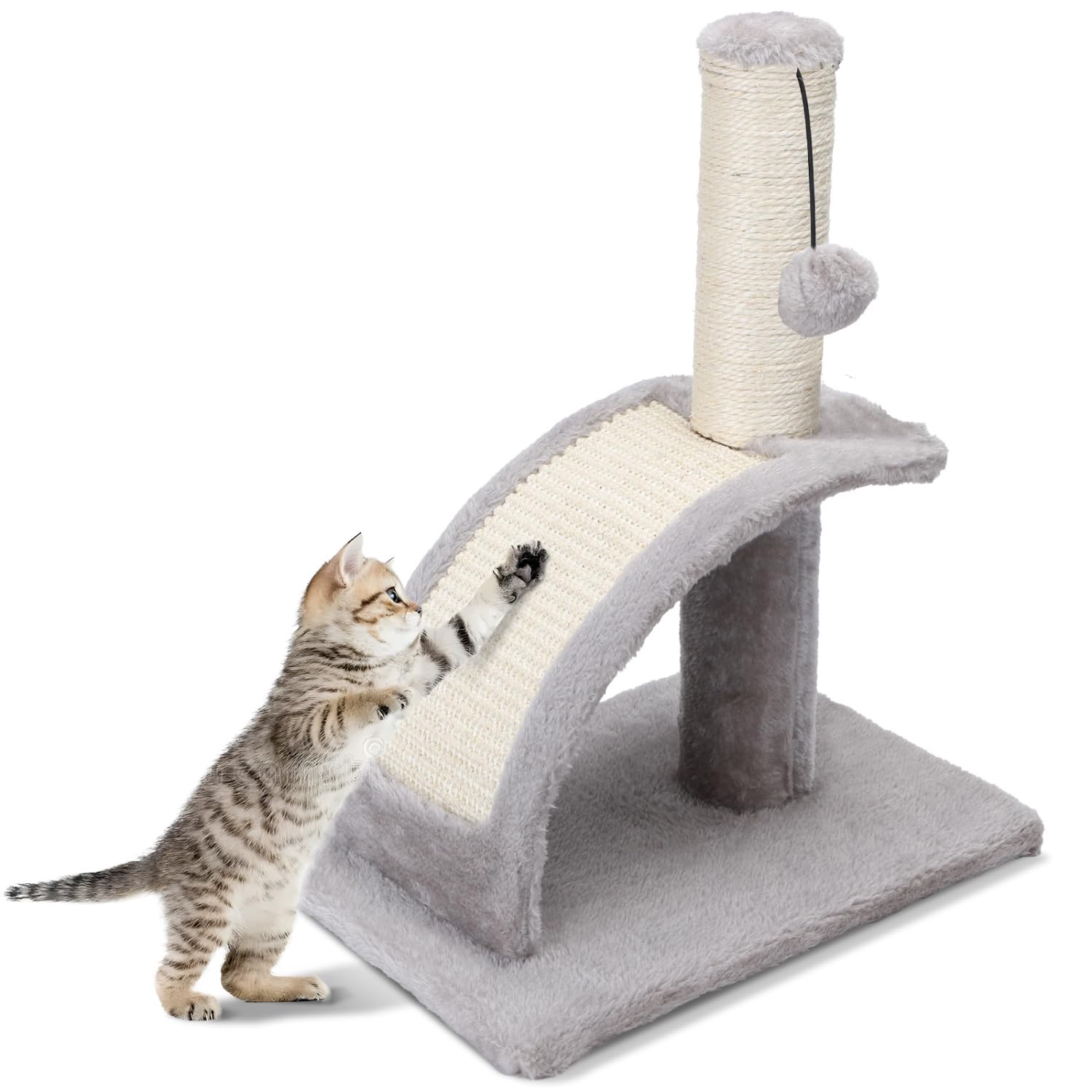 Nobleza Cat Scratching Post for Indoor Cats, Durable Natural Sisal Rope Cat Scratch Post with Cat Self Groomer, Sturdy Cat Scratcher Post for Kittens Small Cats with Funny Hanging Ball, Light Grey