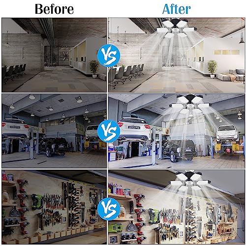 onffo LED Garage Lights, 150W Deformable LED Garage Ceiling Lights with 6 Adjustable Panels, 10000LM 6500K E26/E27 LED Shop Lights for Garage, Basement, Barn, Warehouse