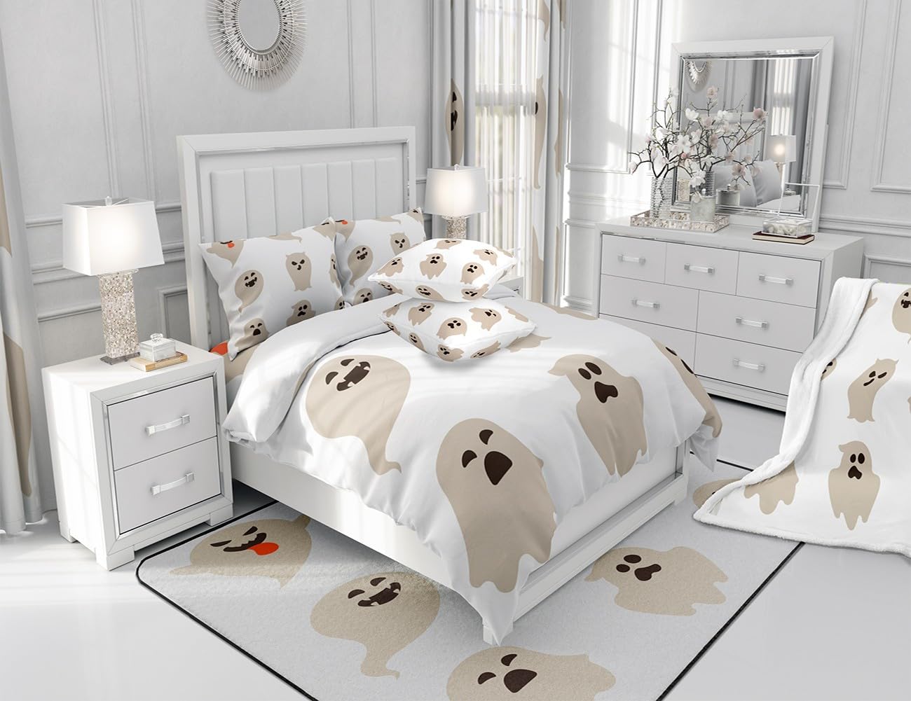 Feelyou Halloween Themed Bedding Set for Girls Boys Kids King Size Kawaii Ghost Comforter Cover Set Room Decorative Trick or Treat Duvet Cover White Bedspread Cover Bedclothes