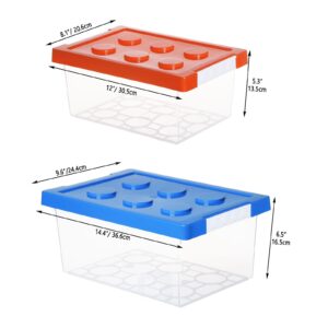 loobuu Plastic Storage Bins with Lids - Stackable Toy Storage Organizer Box Set of 2, Kids Toy Chests with Compatible Building Baseplate and Lid, Storage Container for Building Bricks - Red+Blue