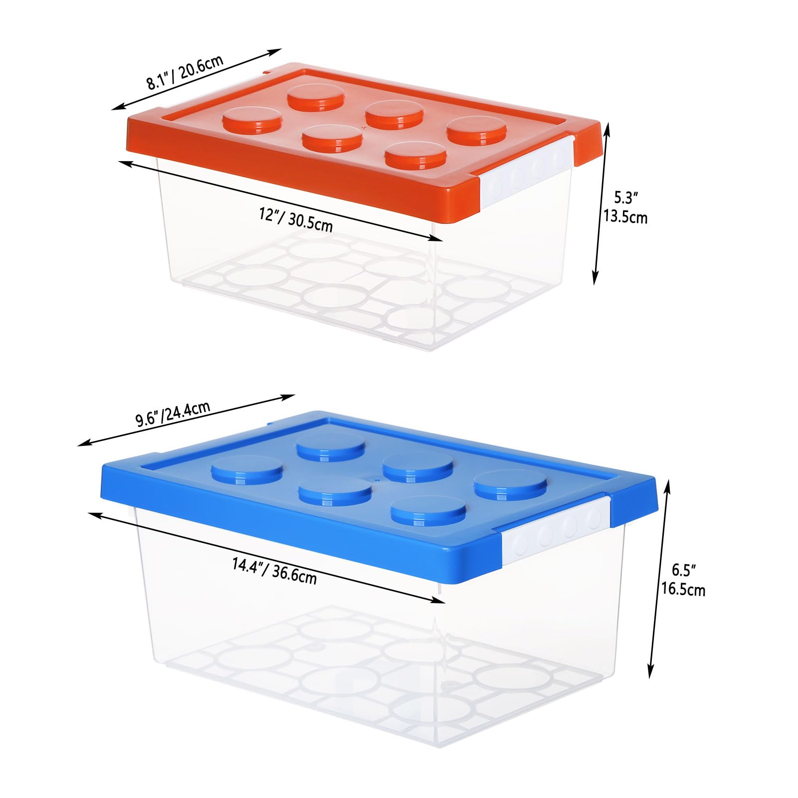 loobuu Plastic Storage Bins with Lids - Stackable Toy Storage Organizer Box Set of 2, Kids Toy Chests with Compatible Building Baseplate and Lid, Storage Container for Building Bricks - Red+Blue