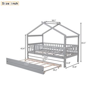 BestLM Twin Size Wooden House Bed with Twin Size Trundle for Kids, Wood Platform Bed Frame with Fence, Roof, and Safety Guardrail for Kids, Teens, Girls, Boys, Gray