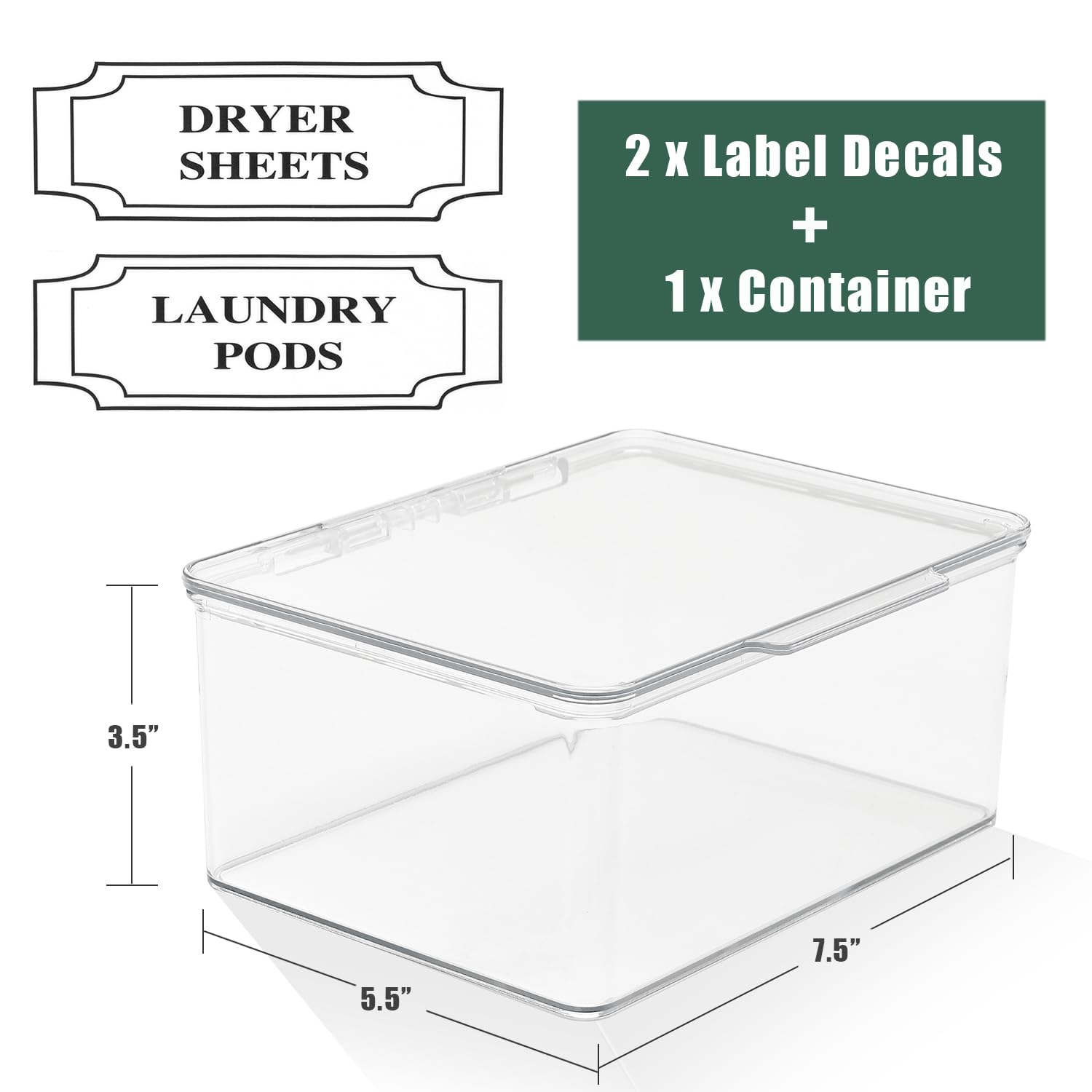 SSTATES Clear Acrylic Dryer Sheets Holder, Flip-top Laundry Pods Container with 2 Label Decals for Laundry Room Organization and Décor, Stackable Storage Box (1 Pc)