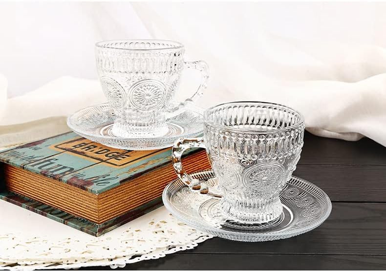 cosnou Vintage Glass Tea Cups with Saucers, Glass Mugs 7 Oz Set of 6 Espresso Coffee Embossed Glassware with Handle, for Cappuccino, Latte, Cereal, Yogurt, Beverage Hot/Cold, Milk…