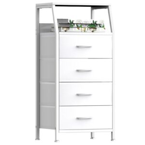 dresser with 4 drawers, fabric storage tower for bedroom, white clothes storage drawers, vertical closet organizer for kids room, entryway, nightstand bedside table, sturdy steel frame & wooden top