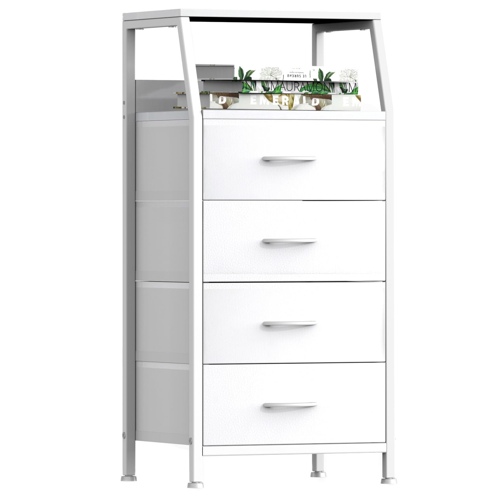 Dresser with 4 Drawers, Fabric Storage Tower for Bedroom, White Clothes Storage Drawers, Vertical Closet Organizer for Kids Room, Entryway, Nightstand Bedside Table, Sturdy Steel Frame & Wooden Top