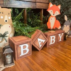 Baby Shower Decorations Boxes with 27 letters - 4 Wood Grain Brown Blocks with 27 Letters, First Birthday Centerpiece Decor, Teddy Bear Baby Shower Supplies, Gender Reveal Backdrop