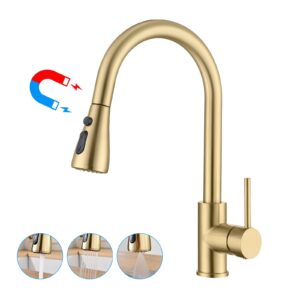 havin gold kitchen faucet with pull down magnetic sprayer, high arc stainless steel material, with cupc ceramic cartridge,fit for 1 and 3 holes kitchen sink