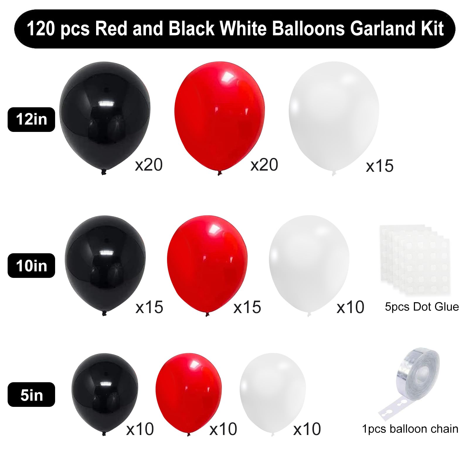 Red and Black Balloons, 120pcs Red White and Black Balloons Garland Arch Kit for Birthday,New Year,Graduation Decorations