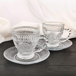 cosnou Vintage Glass Tea Cups with Saucers, Glass Mugs 7 Oz Set of 6 Espresso Coffee Embossed Glassware with Handle, for Cappuccino, Latte, Cereal, Yogurt, Beverage Hot/Cold, Milk…