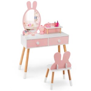 honey joy kids vanity, rabbit themed toddler wooden makeup table and chair set w/2 large drawers, beech wood legs, princess dressing beauty table, girls vanity set with mirror and stool (pink)