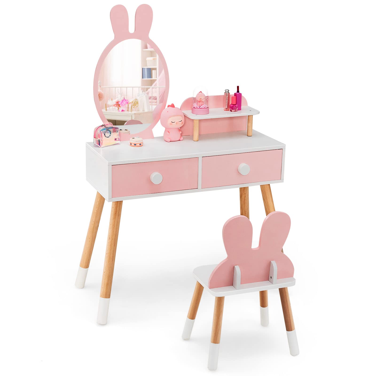 HONEY JOY Kids Vanity, Rabbit Themed Toddler Wooden Makeup Table and Chair Set w/2 Large Drawers, Beech Wood Legs, Princess Dressing Beauty Table, Girls Vanity Set with Mirror and Stool (Pink)