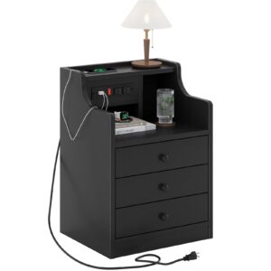 ADORNEVE Night Stand Set 2,Black Nightstand with Charging Station & Hutch,Night Stands for Bedrooms Set of 2,Bedside Table with Drawers