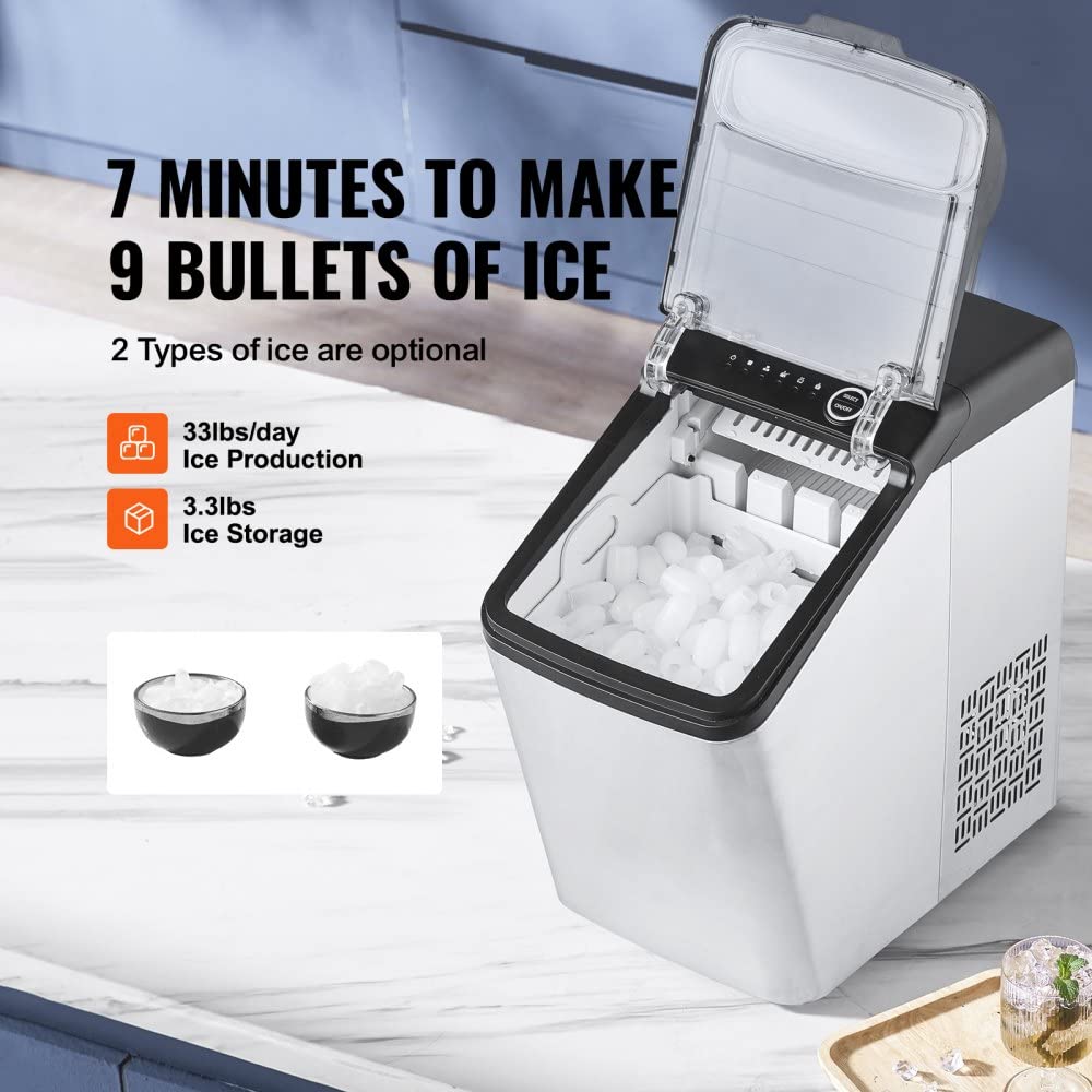 WACTO Self-Cleaning Ice Maker - 9 Cubes in 7 Mins, 33lbs in 24Hrs, Ice Scoop and Basket, 2 Ways Water Refill, 2 Size Bullet Ice - Ideal for Kitchen Bar - Portable Countertop Ice Maker