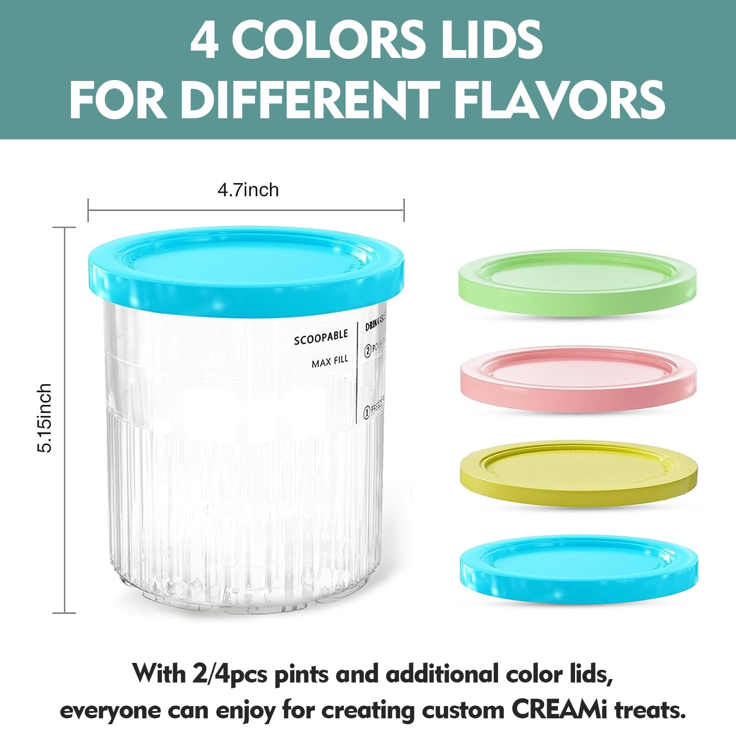 AFDLLDQM 24 oz. Extra Pint | Containers Replacement for Ninja Creami Deluxe 11-in-1 XL Pints and Lids - 4 Pack, Compatible with Ninja Creami NC500, NC501 Series Ice Cream Maker - Dishwasher Safe