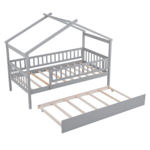 BestLM Twin Size Wooden House Bed with Twin Size Trundle for Kids, Wood Platform Bed Frame with Fence, Roof, and Safety Guardrail for Kids, Teens, Girls, Boys, Gray