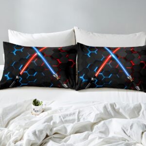 Geometric Honeycomb Duvet Cover Set Full Size Neon Red Blue Lightsaber Bedding Set 3Pcs for Kids Girls Boys Teens Room Decor Fashion Games Comforter Cover Black 3D Hexagon Quilt Cover,2 Pillowcases