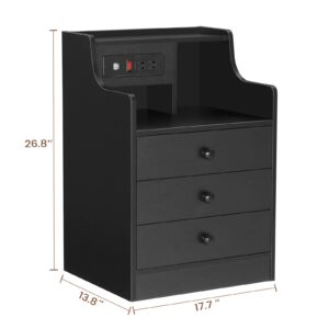 ADORNEVE Night Stand Set 2,Black Nightstand with Charging Station & Hutch,Night Stands for Bedrooms Set of 2,Bedside Table with Drawers