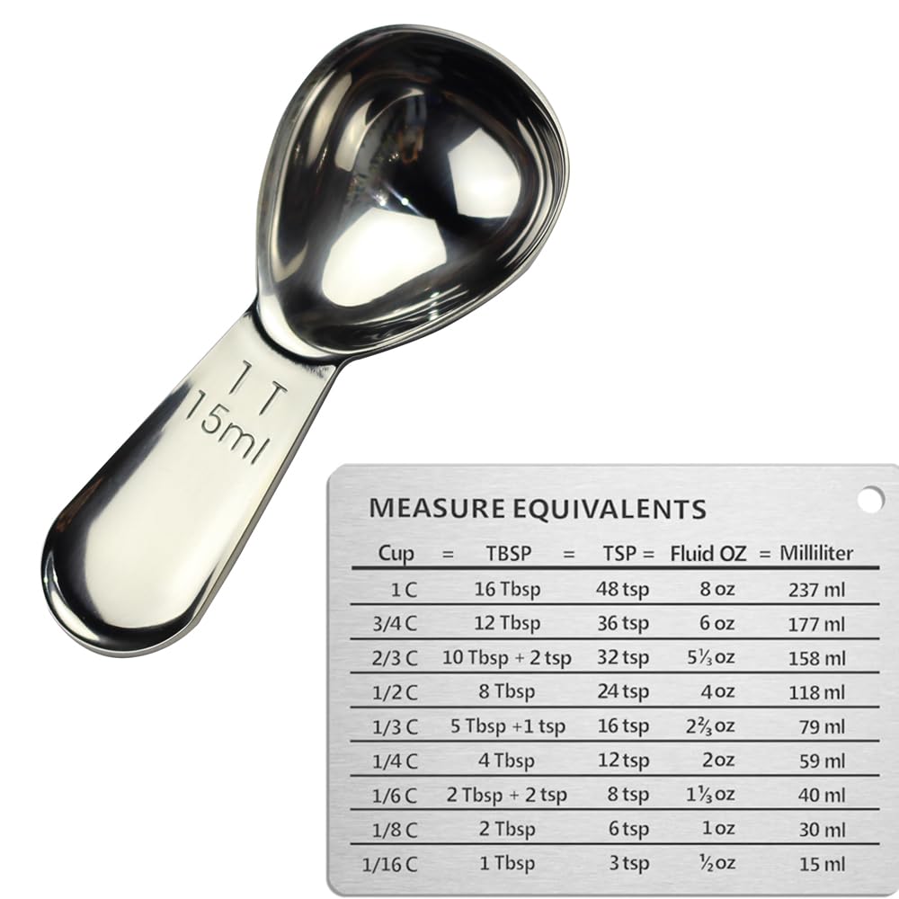 CoaGu Coffee Scoop 18/8 Stainless Steel Tablespoon (1pc 15ml with Magnet Measurement Metric Conversion Chart)