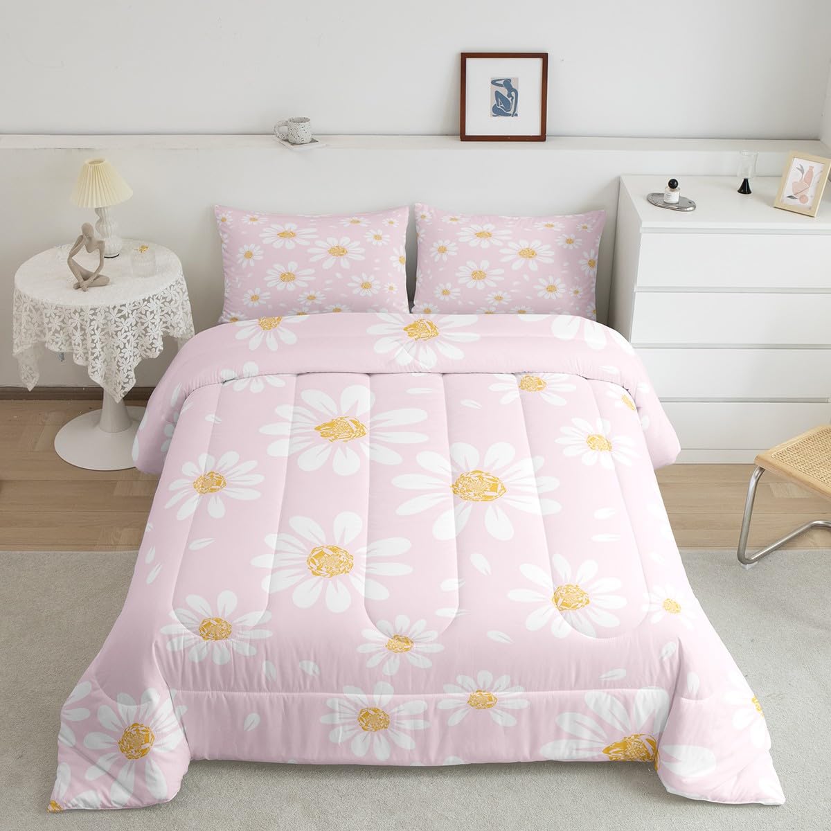 Manfei White Daisy Kids Comforter Set Twin Size,Flowers Plants Rustic Farmhouse Bedding Set,Girls Boys Adults Room Decor,Botanical Florals Theme Down Comforter,Pink Romantic Duvet Insert,1 Pillowcase