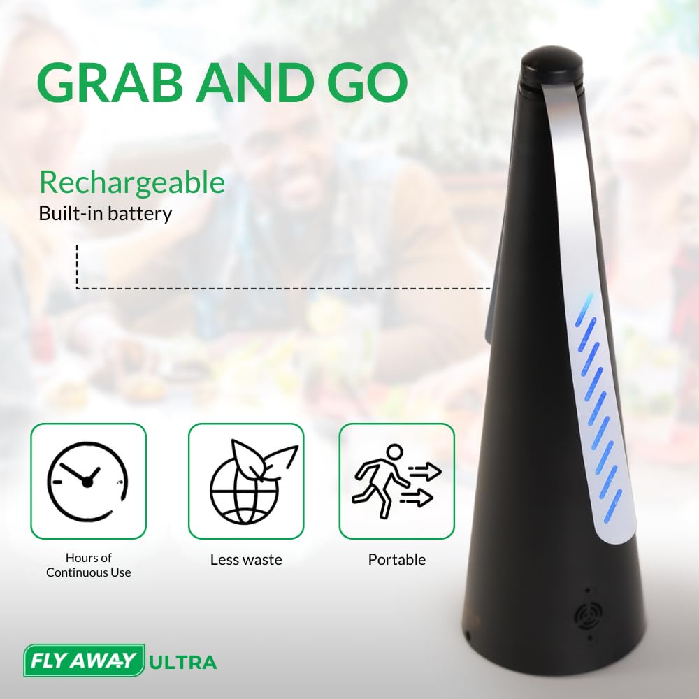 Fly Away Ultra - 2 Pack Rechargeable Outdoor Fly Fans for Tables with Ultrasound, Outdoor or Indoor Tabletop use, Restaurant, Barbeque, Events, Deter Flies, Wasps, Bees, Moscas and Bugs, Hanging Hook.