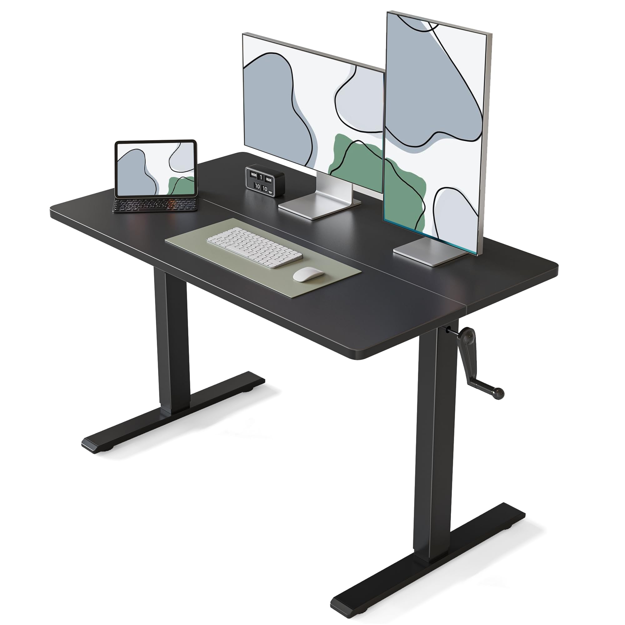 FEZIBO Crank Height Adjustable Desk, 48 Inches Manual Standing Desk, Writing Table with Handle, Home Office Desk with Black Frame/Black Table Top