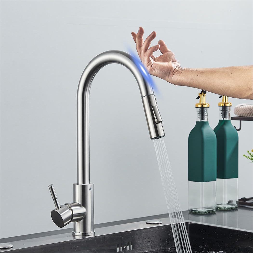 Brushed Smart Touch On Kitchen Faucet Sensor 360 Rotation Pull Out Single Handle Mixer Tap Two Water