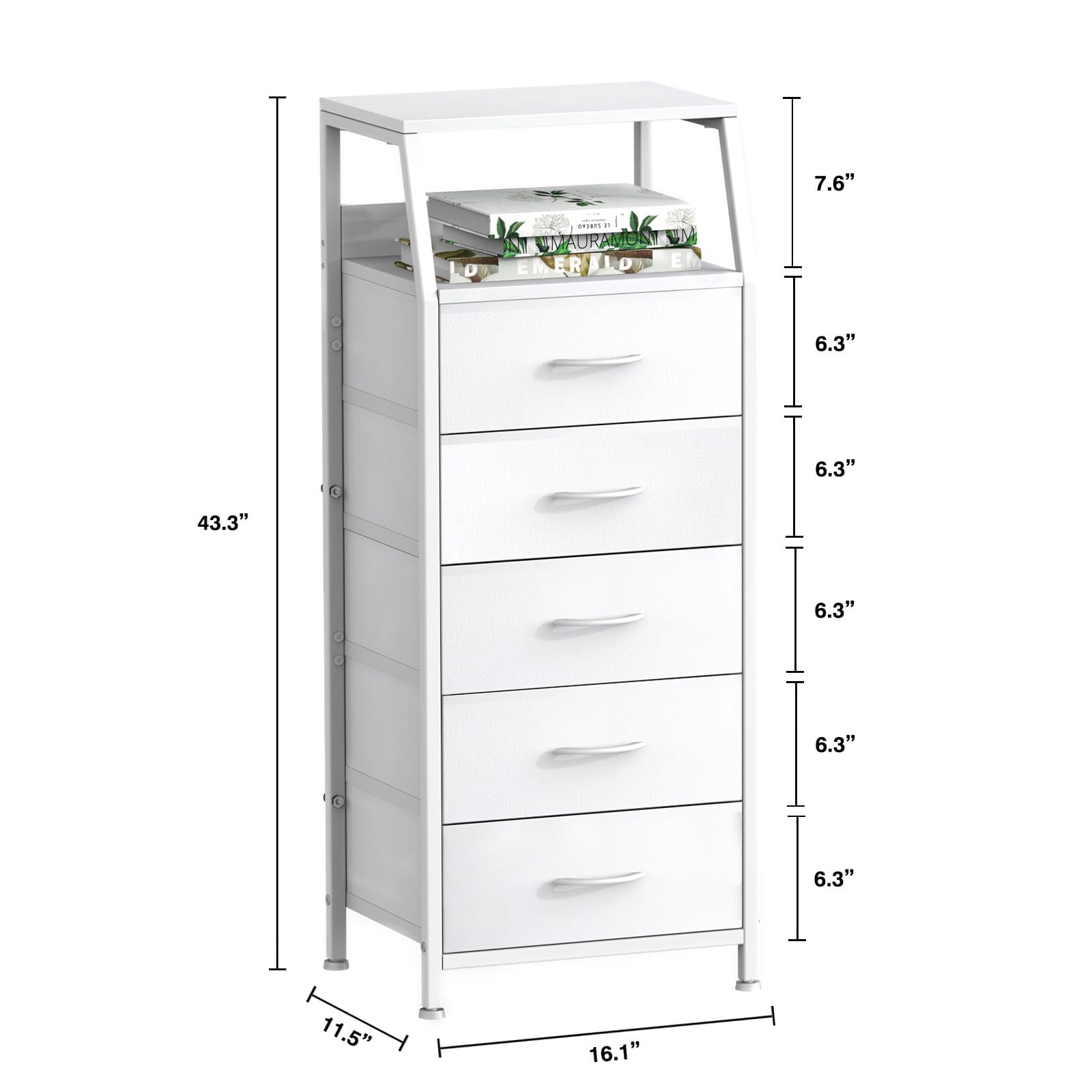 Dresser with 4 Drawers, Fabric Storage Tower for Bedroom, White Clothes Storage Drawers, Vertical Closet Organizer for Kids Room, Entryway, Nightstand Bedside Table, Sturdy Steel Frame & Wooden Top