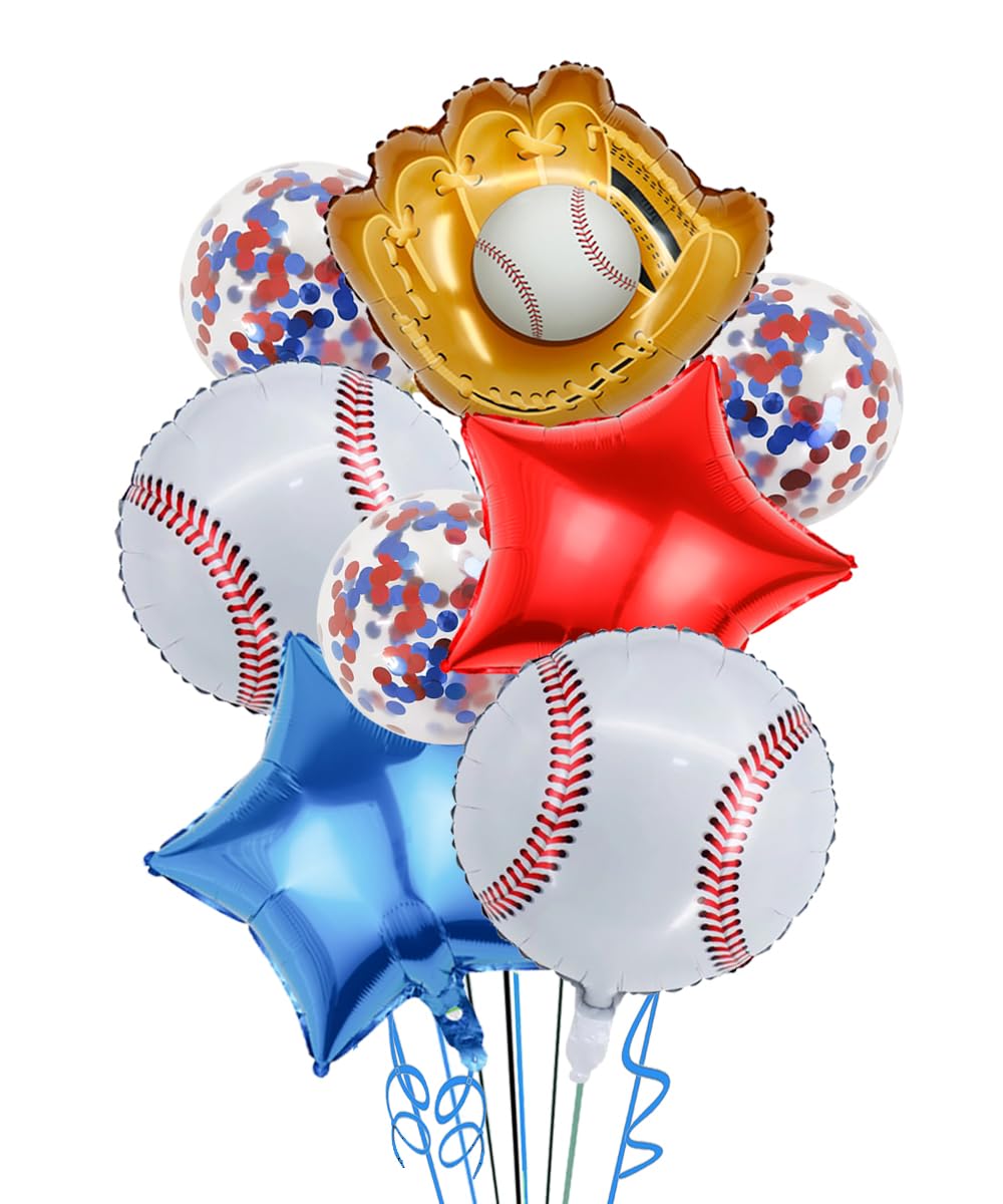 Baseball Party Balloons, Baseball Foil Mylar Balloons for Baby Shower Party Decor Baseball Glove Jumbo Balloons Baseball Bat Balloons for Birthday Sports Theme Supplies,Confetti Red and Blue Balloon