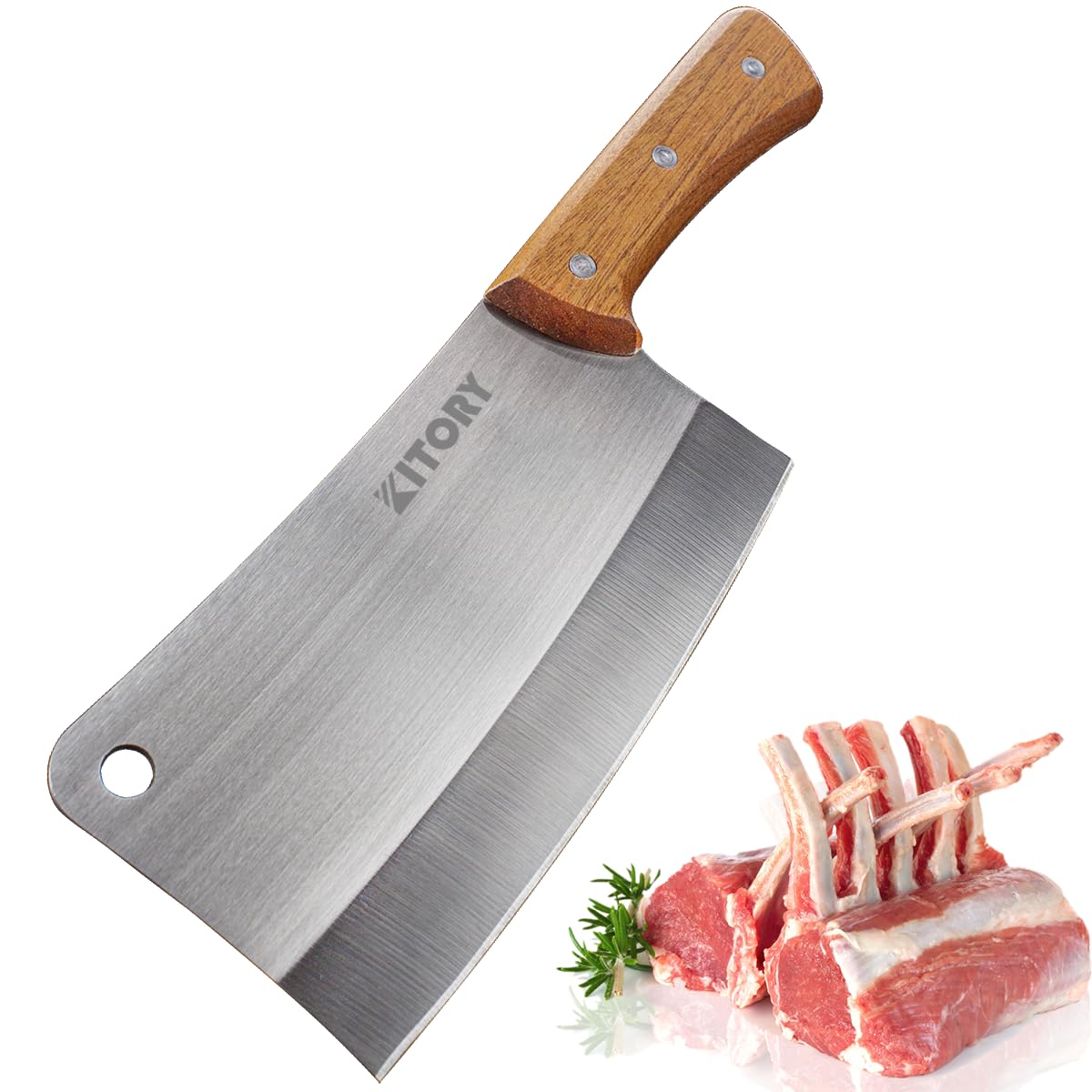 Kitory Meat Cleaver 7'' Kitchen knife, Heavy Duty Chopper, Chinese Chef’s knife for small Bone Cuttting, Full Tang, Stainless Steel, Pear Wood Handle