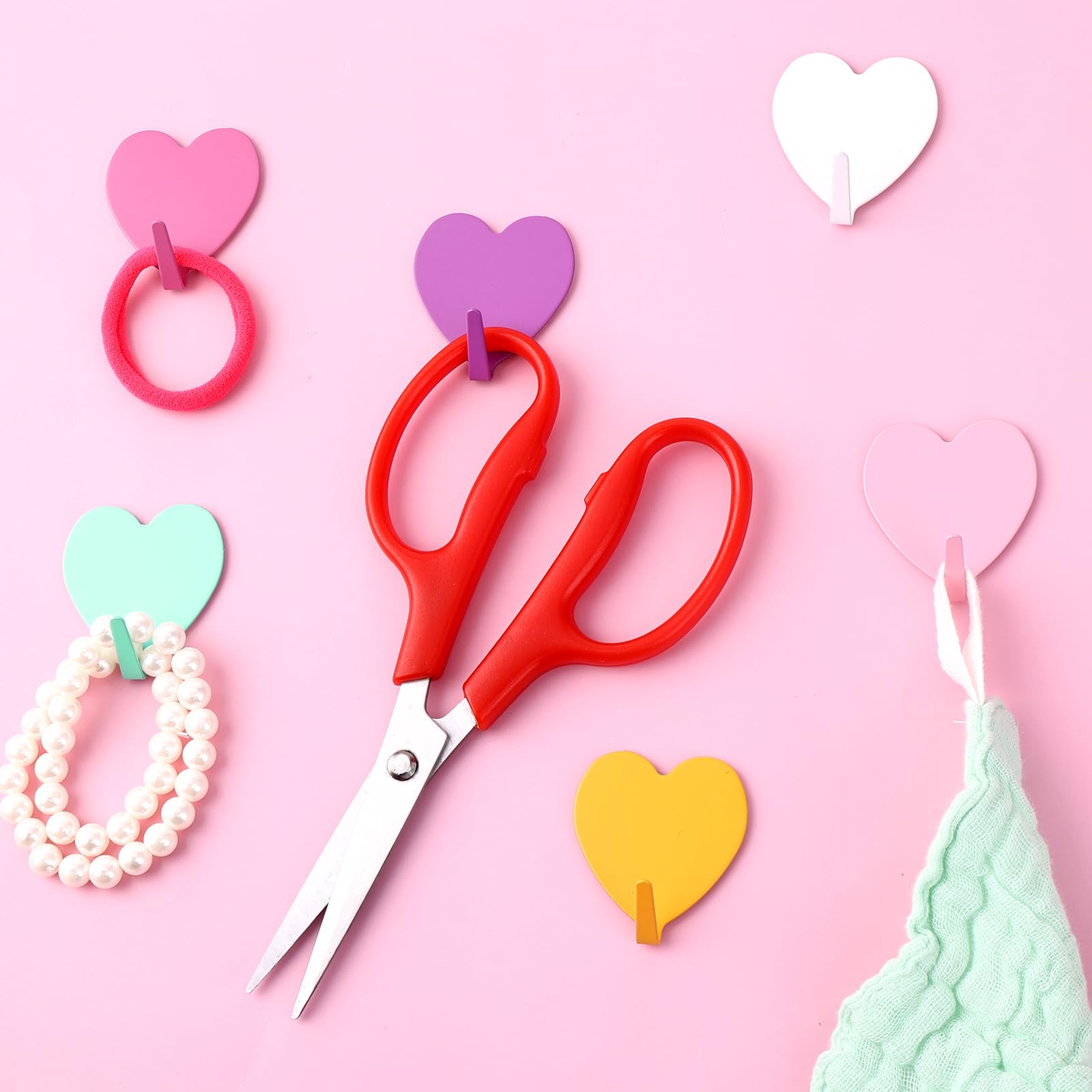 COMNICO 6 Pack Heart Shaped Adhesive Hooks Decorative Hanging Wall Hook Stainless Steel Sticky Hangers Cute Heavy Duty Hooks Without Nails for Keys Towel Home Kitchen Bathroom Office Classroom