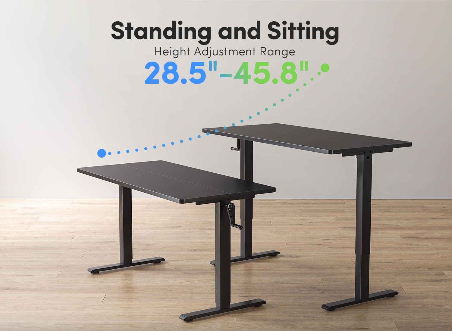 FEZIBO Crank Height Adjustable Desk, 48 Inches Manual Standing Desk, Writing Table with Handle, Home Office Desk with Black Frame/Black Table Top