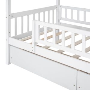 BestLM Twin Size Wooden House Bed with Two Storage Drawers for Kids, Wood Platform Bed Frame with Fence, Roof, and Safety Guardrail for Kids, Teens, Girls, Boys, White