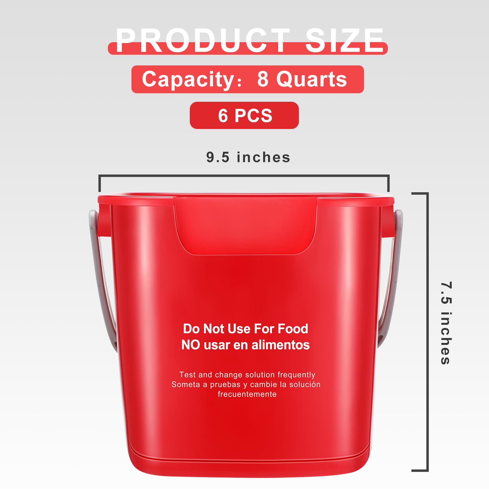 Uiifan 6 Pcs 8 Quart Cleaning Bucket Small Sanitizing Square Bucket Detergent Pail for Home Commercial Restaurant Kitchen Office School (Red)