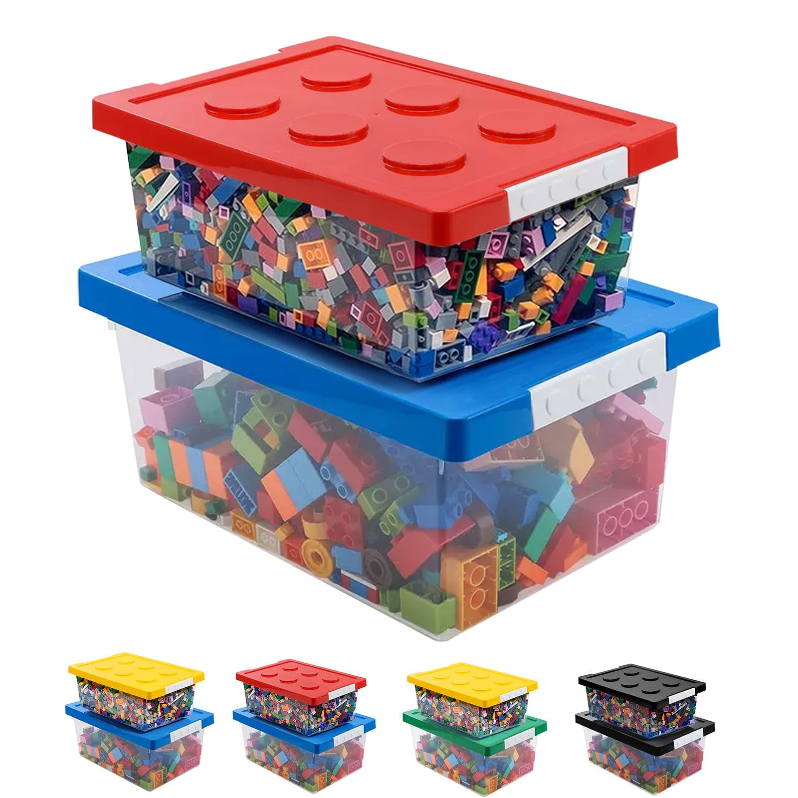 loobuu Plastic Storage Bins with Lids - Stackable Toy Storage Organizer Box Set of 2, Kids Toy Chests with Compatible Building Baseplate and Lid, Storage Container for Building Bricks - Red+Blue