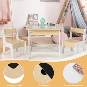 HONEY JOY Kids Table and Chair Set, 3-in-1 Children Wooden Activity Table and 2 Chairs for Art Craft, Reversible Blackboard, 3 PCS Toddler Furniture with Storage, Gift for Boys Girls (Natural)