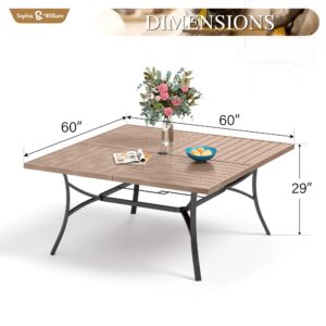 Sophia & William 60" Large Outdoor Patio Table for 8, Outdoor Square Metal Dining Table with 1.9" Adjustable Umbrella Hole, All Weather Wrought Iron Furniture Table for Garden Deck, Brown